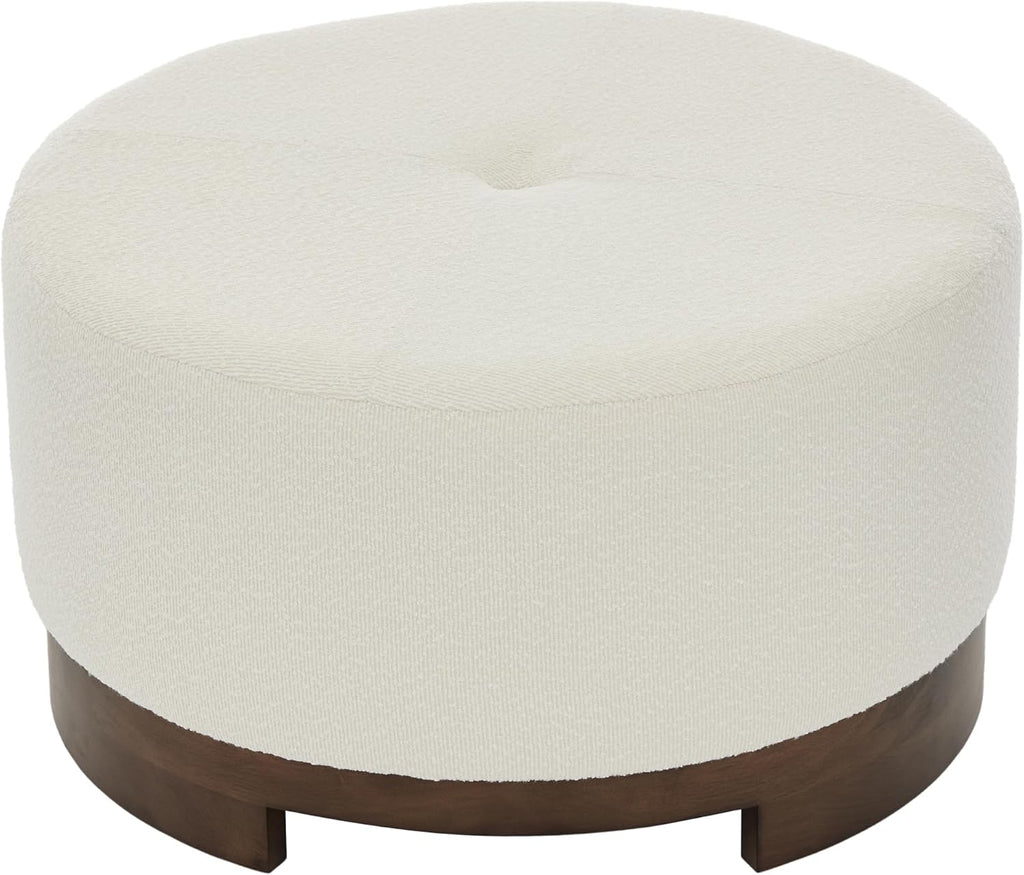 Christopher Knight Home Monroe Boucle Upholstery Round Ottoman, Living Room Sofa Ottoman with Wood Frame, Accent Small Foot Stool, Round Coffee Table, No Assembly Needed, Beige + Dark Walnut