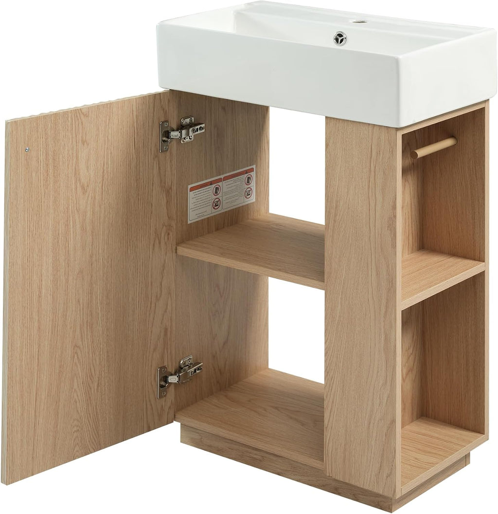 21.6' Modern Bathroom Vanity with Ceramic Sink - Freestanding Wood Grain Cabinet (MDF) with Left Door, Perfect Open/Closed Storage for Small Bathrooms!