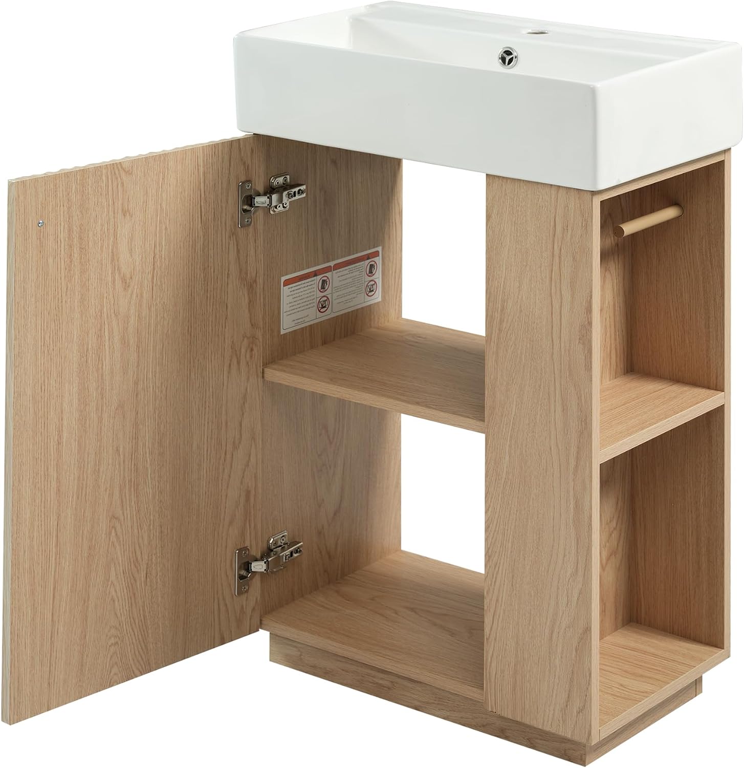 21.6' Modern Bathroom Vanity with Ceramic Sink - Freestanding Wood Grain Cabinet (MDF) with Left Door, Perfect Open/Closed Storage for Small Bathrooms!