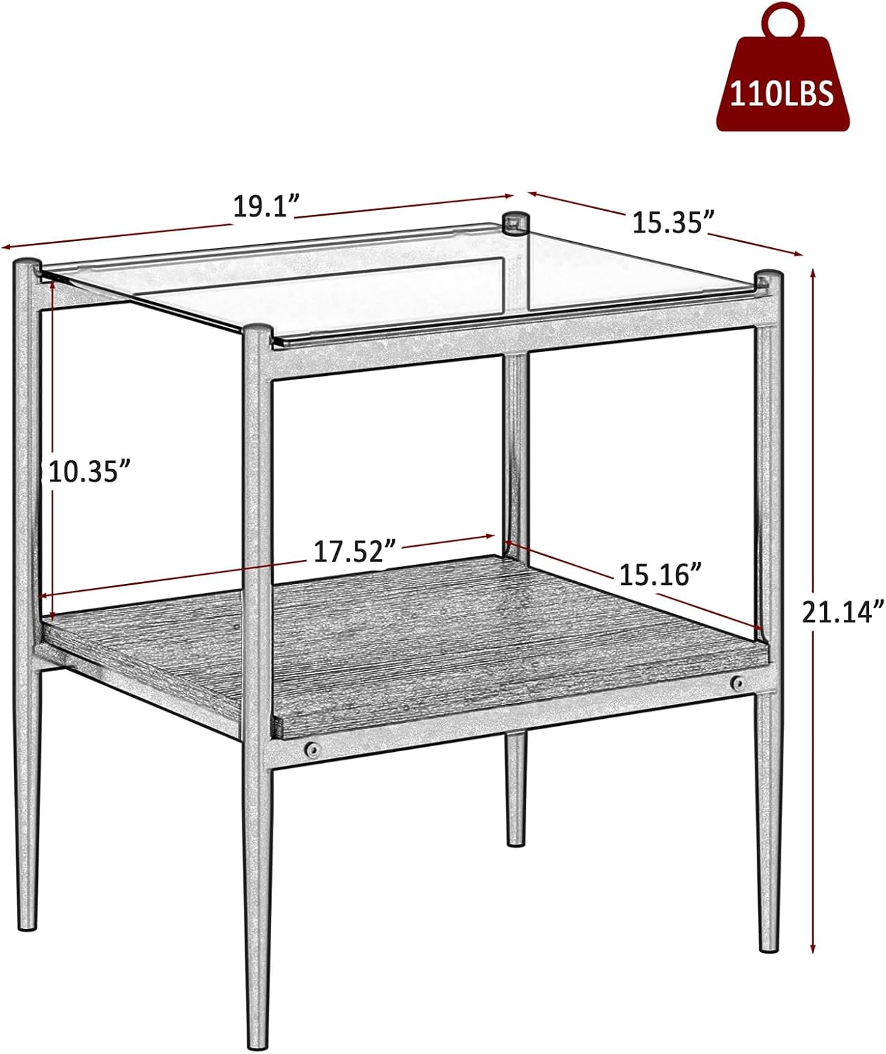 ODUSE-DAILY Coffee Table and End Table 3 Piece Living Room Set, Black Metal Frame Glass Top End Tables, Square Top Shelf, Sofa or Couch Side Tables, Mesa de Centro para Sala (3 Pcs)