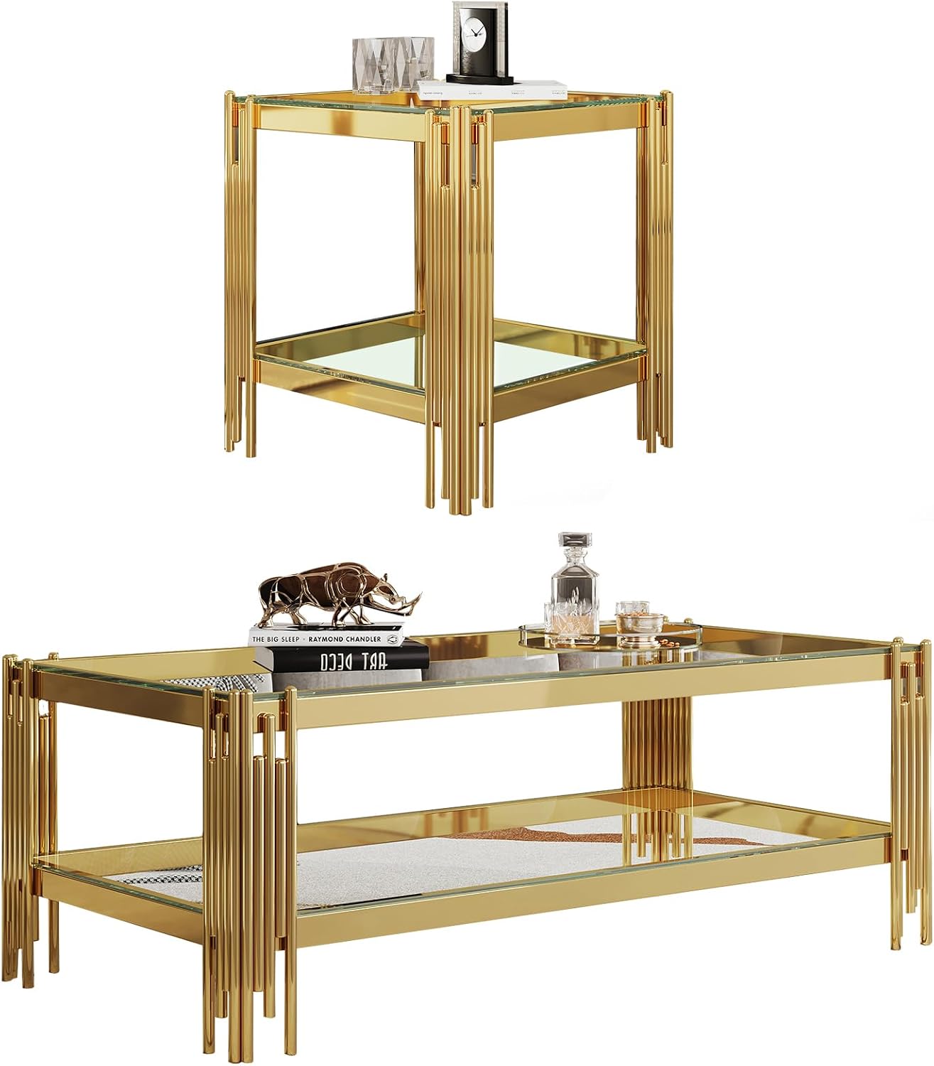 SSLine 2-Piece Living Room Table Set, Modern Clear Glass Coffee Table with 1 End Table, Luxury Rectangle 2-Tier Storage Coffee Table Set with Gold Stainless Steel Frame for Living Room