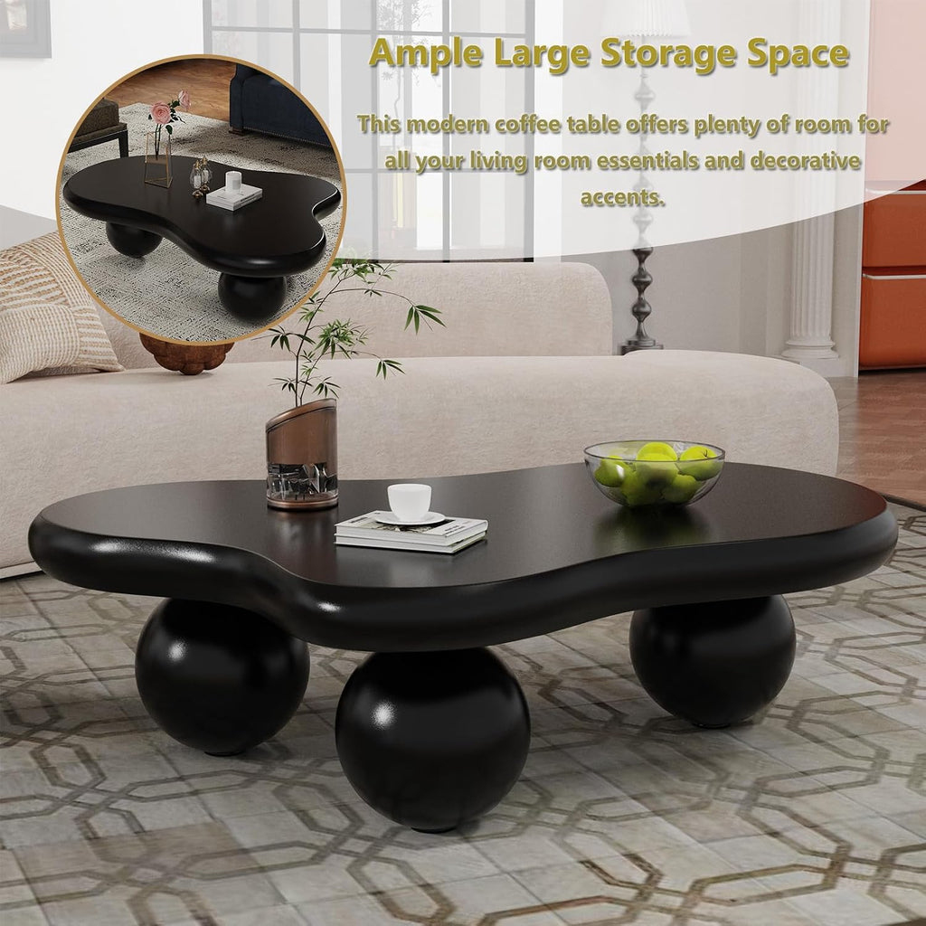 46' Black Cloud Shaped Coffee Table Irregular Coffee Table Cute Irregular Wooden Modern Center Tables with 3 Ball Legs for Bedroom Apartment, Living Room, Farmhouse (A46IN)