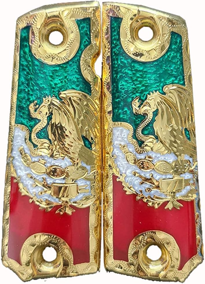 Grips for Colt 1911 Gun Mexican Eagle with 24k Gold Plated and Red, White, Green Resin Includes Screws