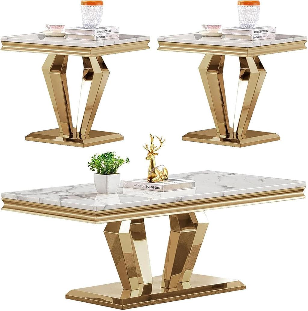 3 Piece Living Room Table Set, Modern Faux Marble Coffee Table and 2 End Tables Set for Living Room Apartment, Mirrored Stainless Steel Base, Imitation Marble Tabletop (White & Gold)