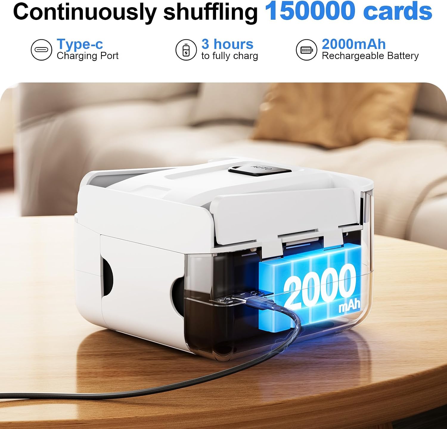 Automatic Card Shuffler, Electric Shuffling Machine for 1-2 Decks, Low Noise, Rechargeable & Portable Shuffler Machine for Poker, UNO, Blackjack, White
