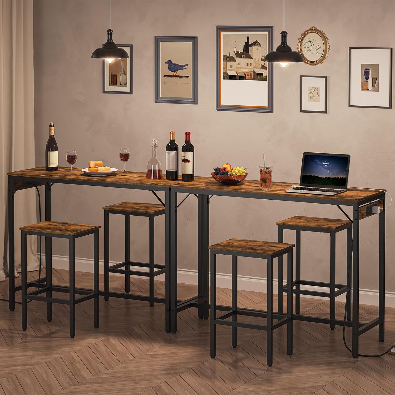 HOOBRO Bar Table and Chairs Set, 47.2' Dining Table Set with Power Outlet, 3-Piece Pub Table Set, Kitchen Bar Height Table with Stools of 2, Space Saving for Living Room, Rustic Brown BF46UBT01