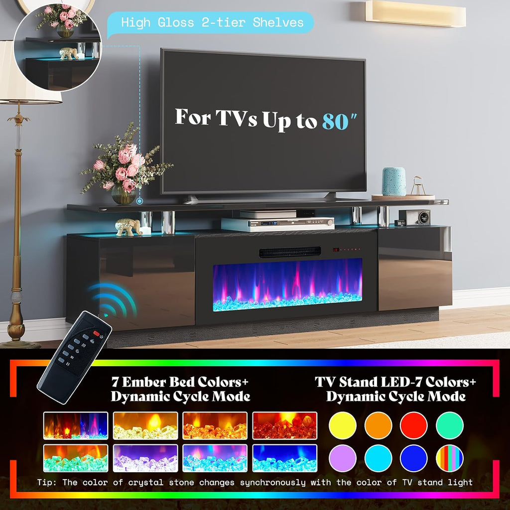 AMERLIFE 3 Piece Modern Living Room Table Set, Includes 70' High Gloss Fireplace TV Stand, 2-Tier Coffee Table, LED Lights Entertainment Center Set for Living Room, Black