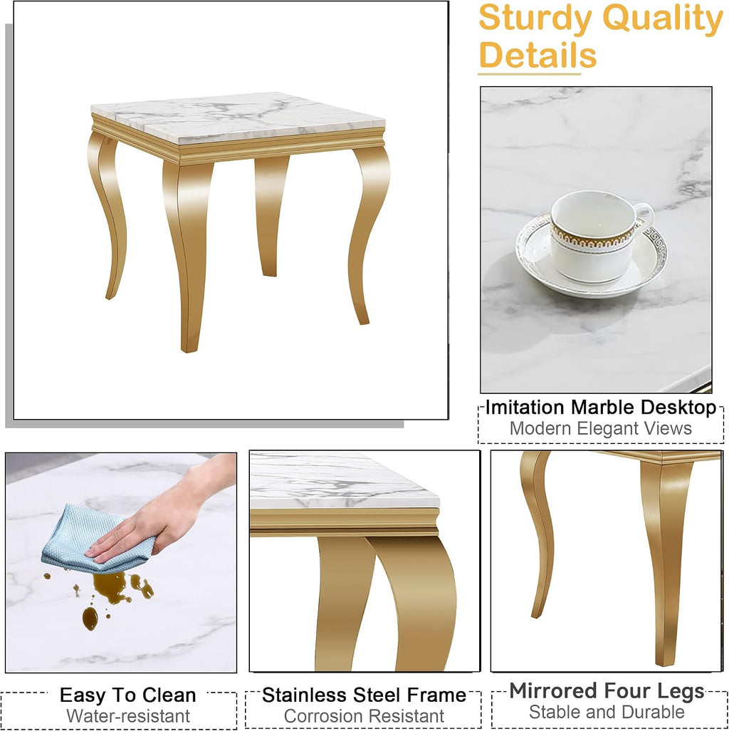 Luxury Marble End Table Modern White Suqare Side Table with Gold Stainless Steel S-Legs, Faux Marble End Table Nightstand Bedside Table Lamp Table for Living Room, Bedroom, Home Office