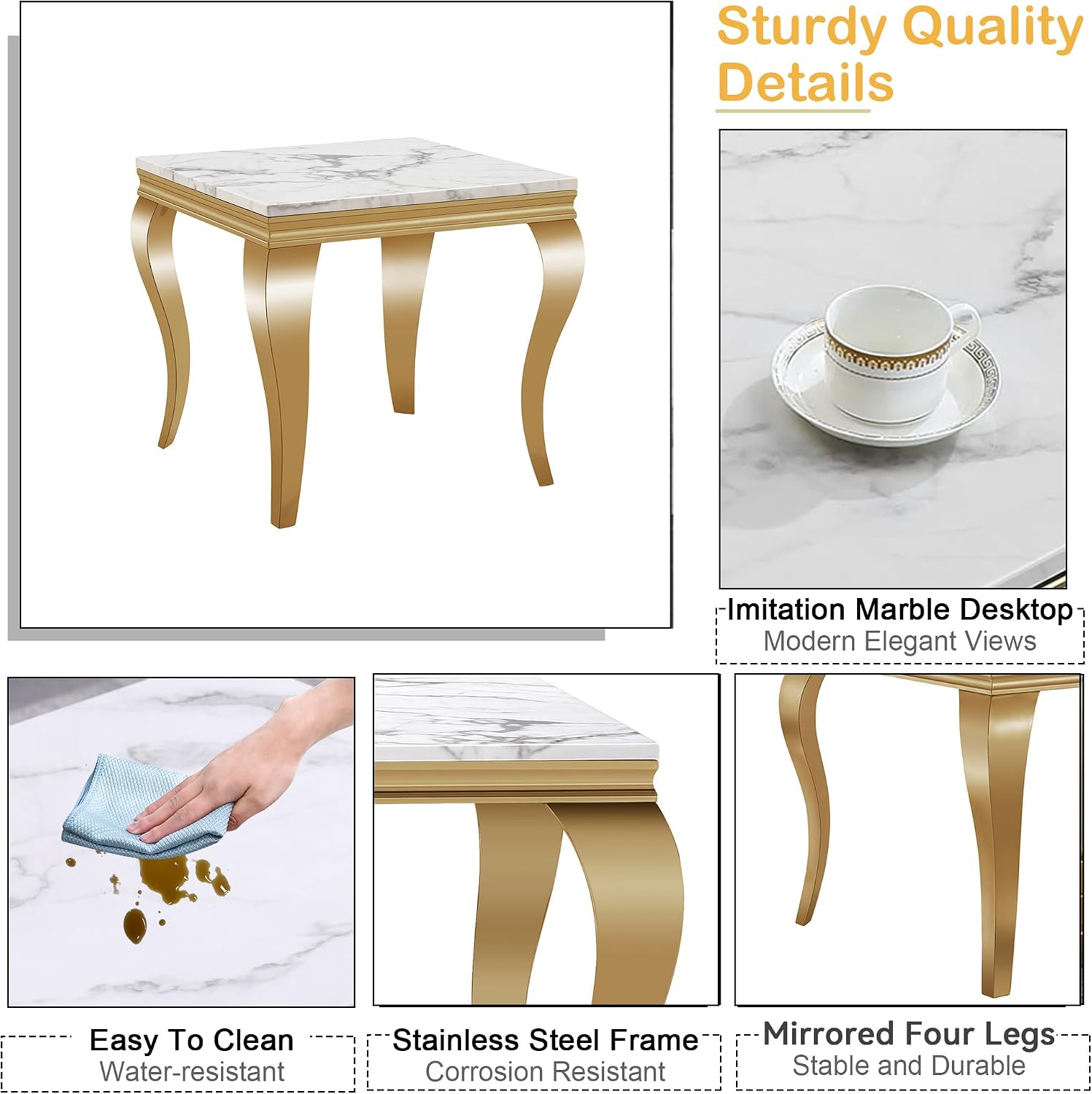 Luxury Marble End Table Modern White Suqare Side Table with Gold Stainless Steel S-Legs, Faux Marble End Table Nightstand Bedside Table Lamp Table for Living Room, Bedroom, Home Office