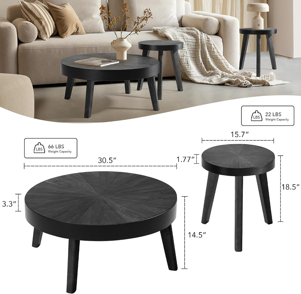 HOKYHOKY Farmhouse Round Coffee Table Set of 3, Black Sofa Side Nesting Tables End Table Set with Wood Natural Finish for Living Room, Bedroom, Home Office, Conference
