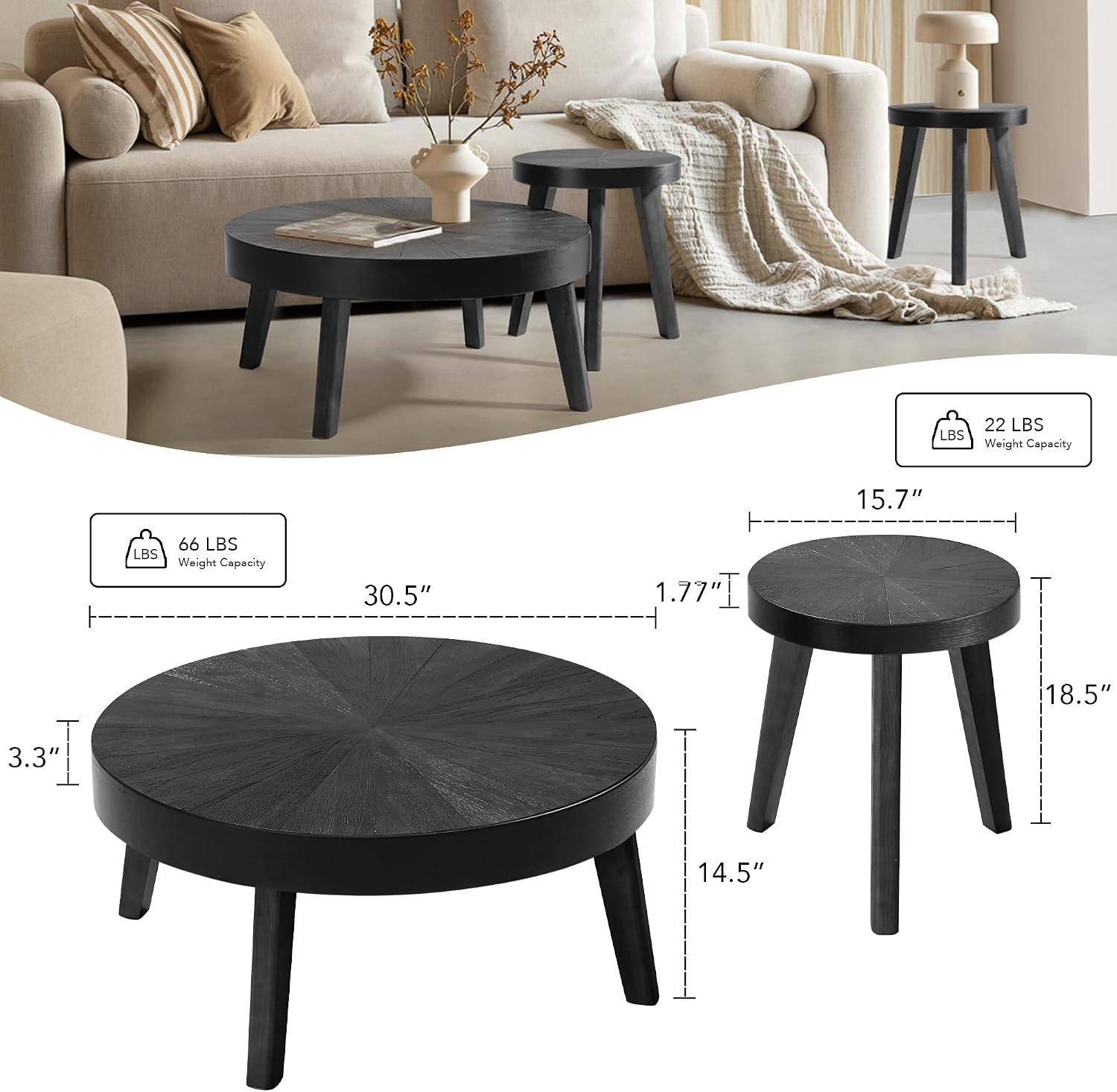 HOKYHOKY Farmhouse Round Coffee Table Set of 3, Black Sofa Side Nesting Tables End Table Set with Wood Natural Finish for Living Room, Bedroom, Home Office, Conference