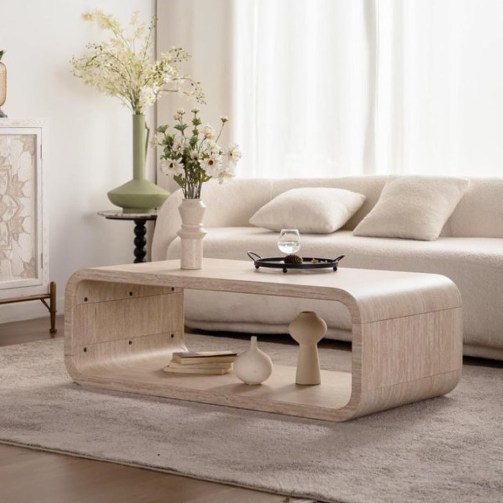 47.24' Faux Mars Coffee Table with Storage Shelf, 2-Tier Travertine Coffee Tables for Living Room,Modern Rectangle Center Tea Table with Rounded Corners for Apartment Bedroom Office, Easy Assembly