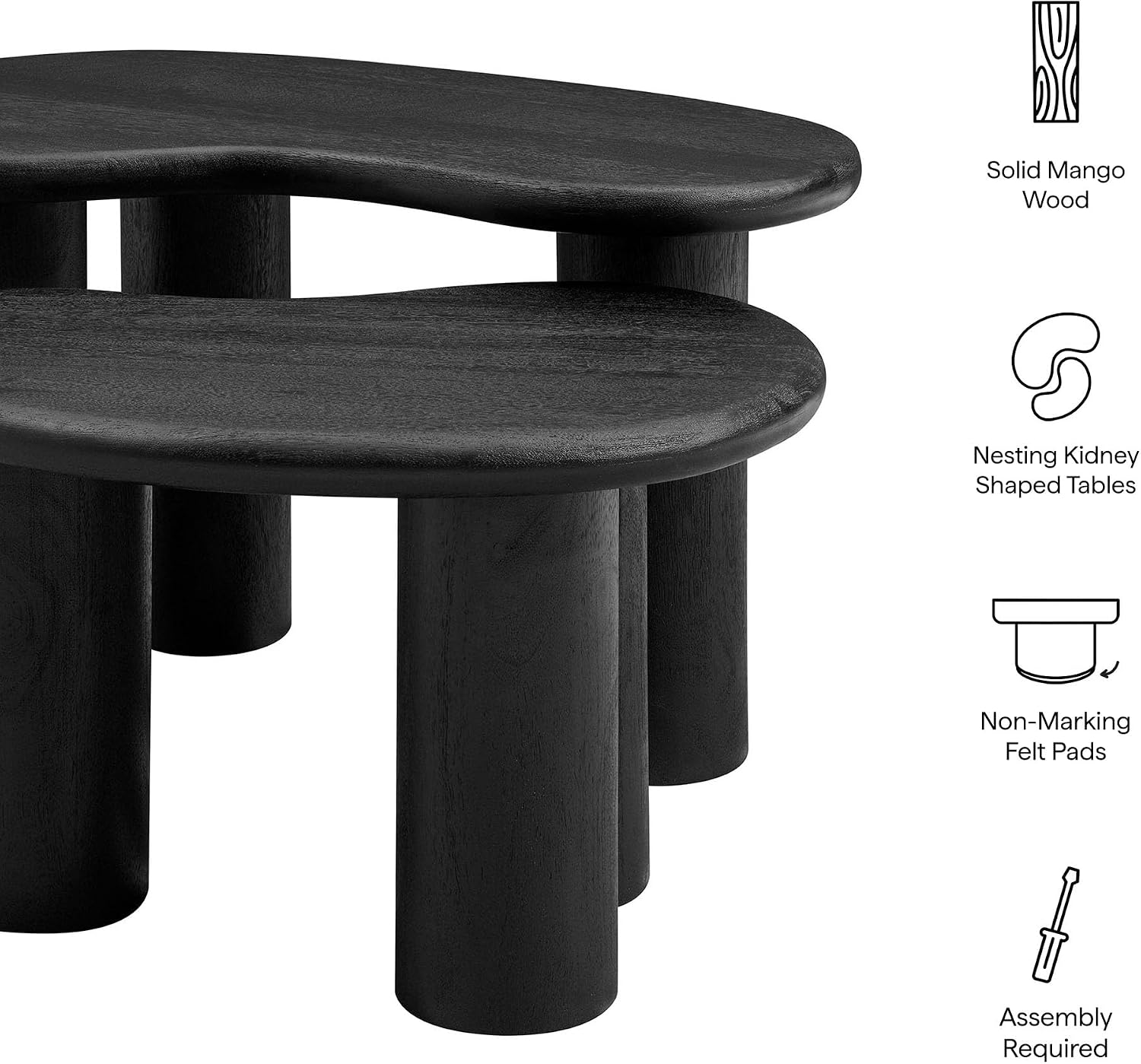 Modway Hackney Mango Wood Nesting Coffee Table Set in Black - 2 Piece Kidney-Shaped Wood Coffee Table for Living Room