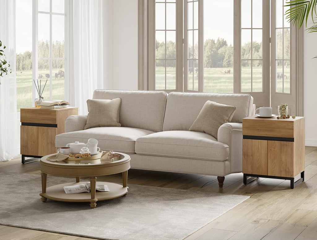WAMPAT TV Stand and End Table Set of 3, Modern Living Room Table Sets, 70 Inch TV Stand and 2 End Tables with Drawers, Oak