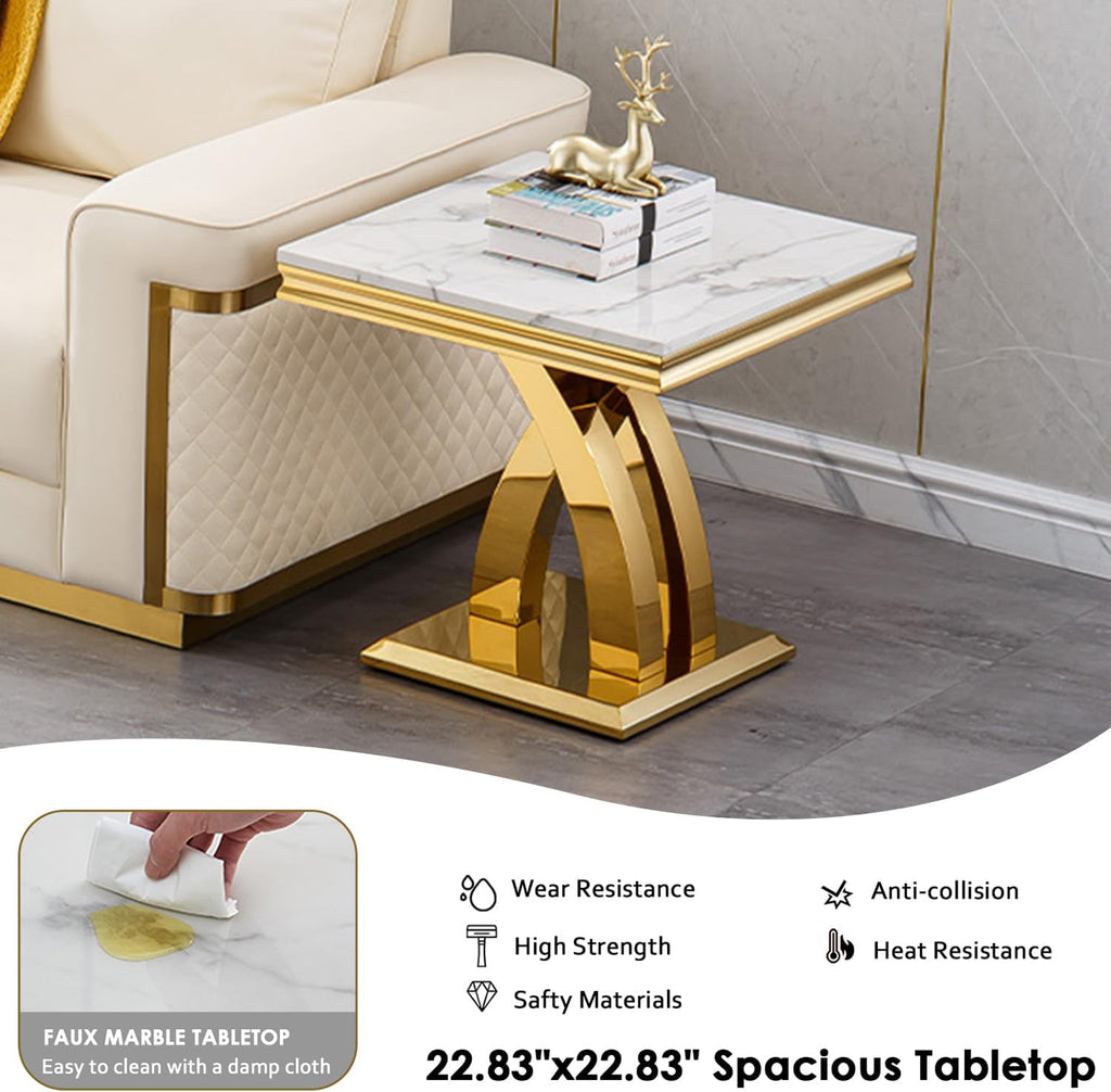 3 Pieces Coffee Table Set, Faux Marble Living Room Table Set of 3, Modern Coffee Table, Console Table and End Table with X-Shaped Stainless Steel Base for Living Room (White Gold)