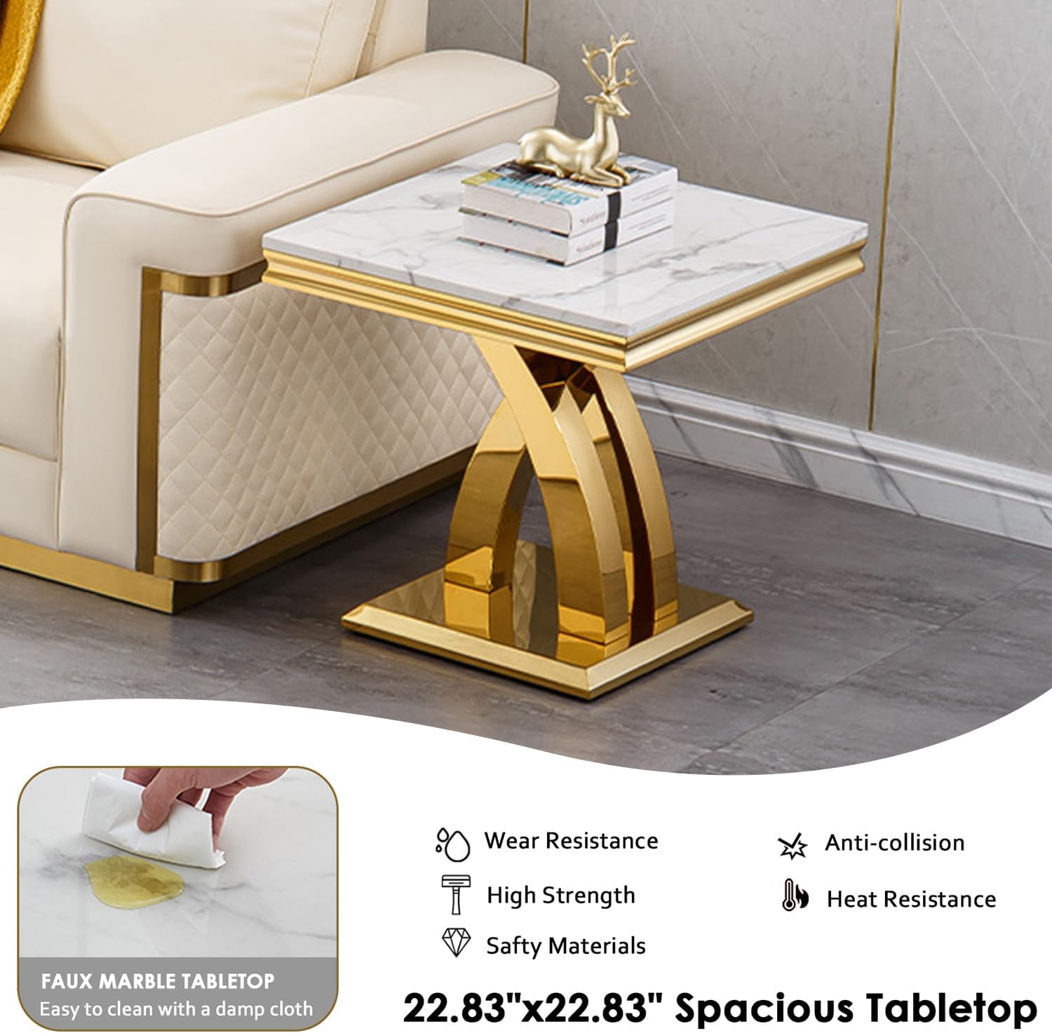 3 Pieces Coffee Table Set, Faux Marble Living Room Table Set of 3, Modern Coffee Table, Console Table and End Table with X-Shaped Stainless Steel Base for Living Room (White Gold)