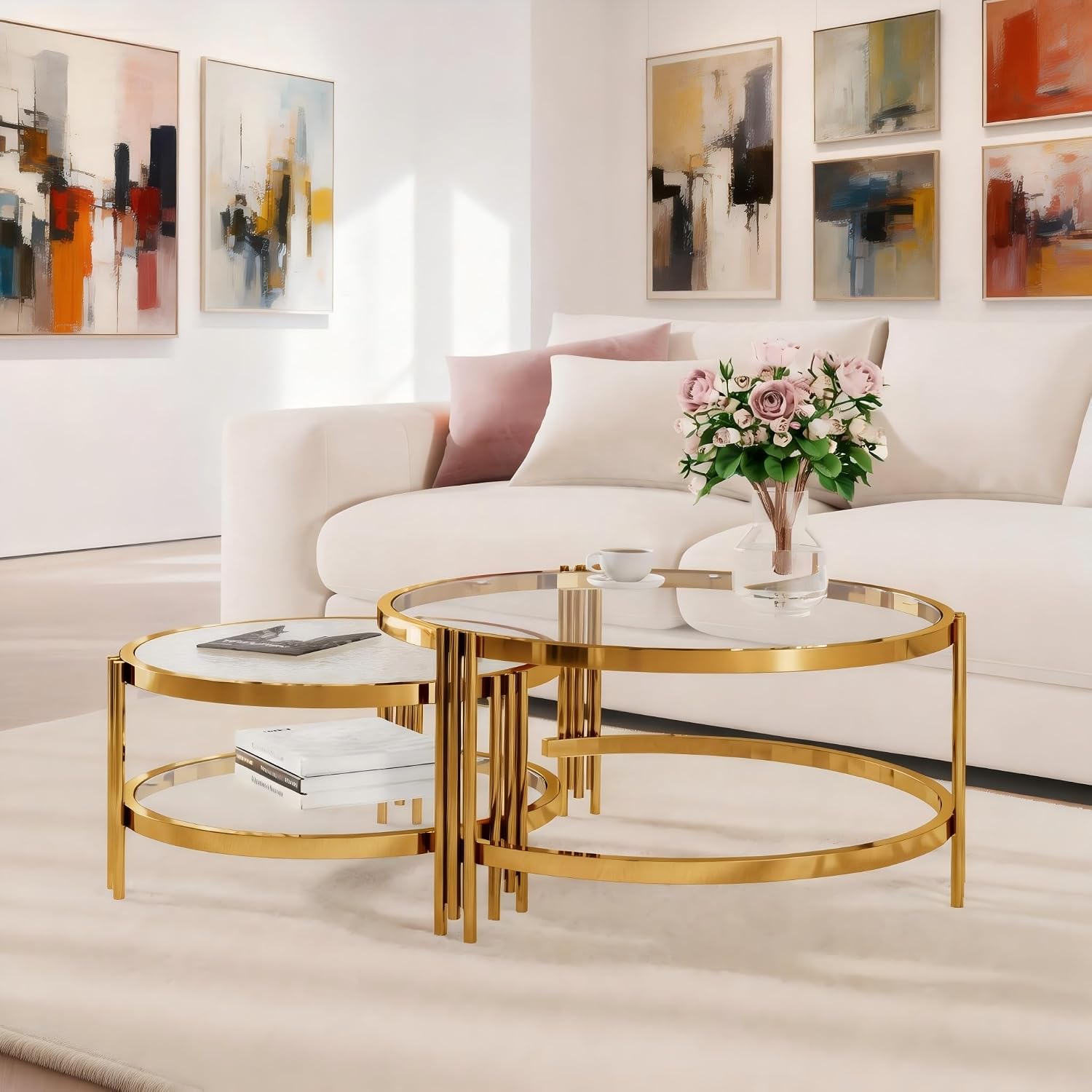 Coffee Table Set of 2 Nesting Round Glass Living Room Table Set Φ 32.75 Modern Simple 2 Tier Middle Center Metal Frame for Small Space Living Room Bedroom Office Meeting Room Gold
