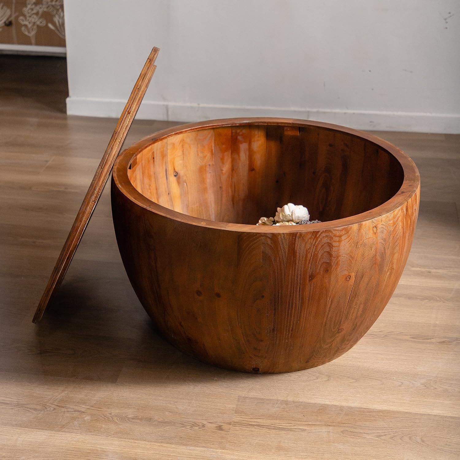 31.5'' Round Wood Coffee Table with Storage for Living Room, Modern Vintage Farmhouse Bucket Shaped Drum Coffee Table for Living Room Apartment Bedroom (Brown, ø31.5'' x 17.7'')