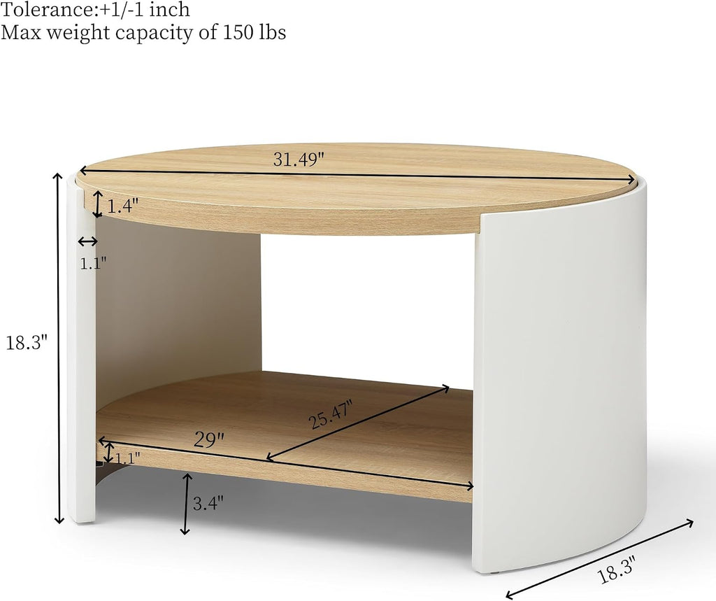 31.49'' Round Coffee Table for Living Room, Modern Wood Circle Coffee Table with 2-Tier Storage Desktop Contemporary Unique Drum Tea Table for Apartment, Small Space, Easy Assembly, Natural White