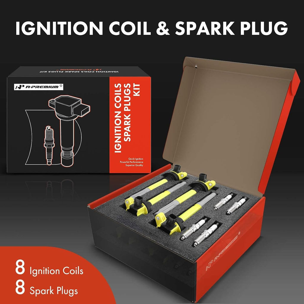 A-Premium Ignition Coils and Spark Plugs Kits Compatible with Ford F-150 2011-2016, Mustang 2011-2015, 5.0L Yellow, Set of 8