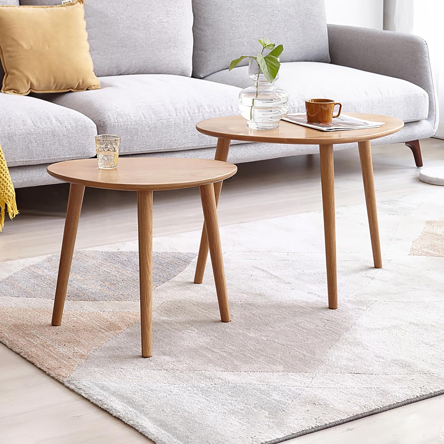 100% Solid Oak Wood Nesting Coffee Table, Small Oval Coffee Tables Set, Mid Century Modern Round Tables for Living Room, Pebble Side Table for Balcony (Nature, Combine)