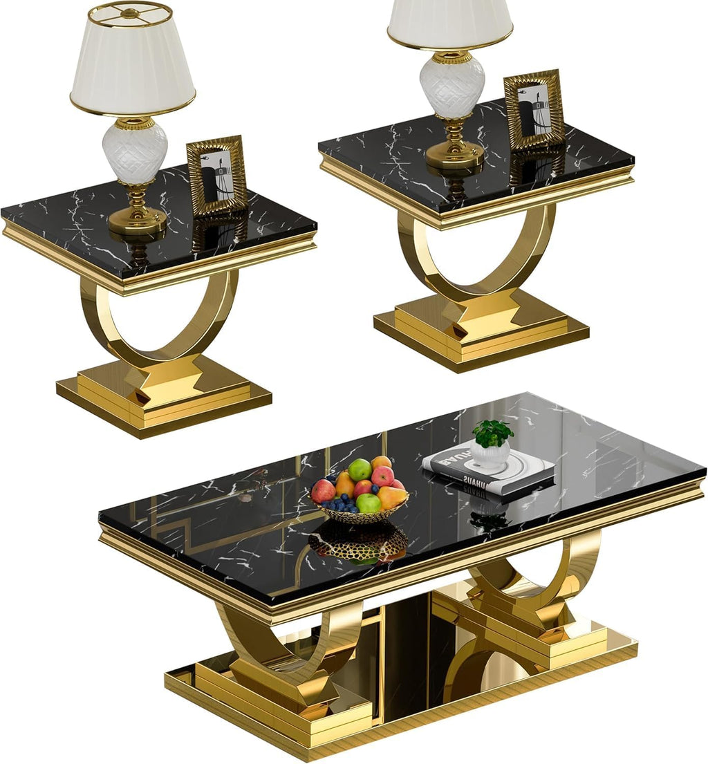 3 Piece Marble Living Room Table Set Modern Black Faux Marble Coffee Table and 2 End Table with Gold O-Shape Stainless Steel Frame Elegant Coffee Table Set of 2 for Home Office