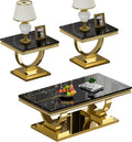 3 Piece Marble Living Room Table Set Modern Black Faux Marble Coffee Table and 2 End Table with Gold O-Shape Stainless Steel Frame Elegant Coffee Table Set of 2 for Home Office