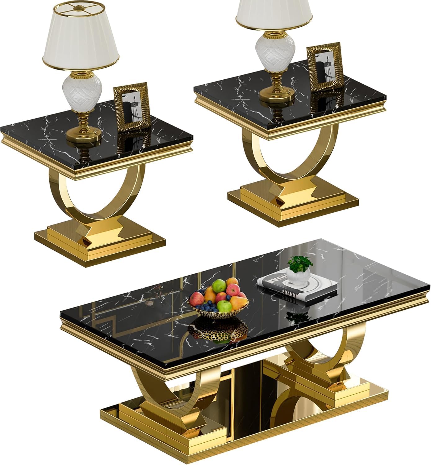 3 Piece Marble Living Room Table Set Modern Black Faux Marble Coffee Table and 2 End Table with Gold O-Shape Stainless Steel Frame Elegant Coffee Table Set of 2 for Home Office