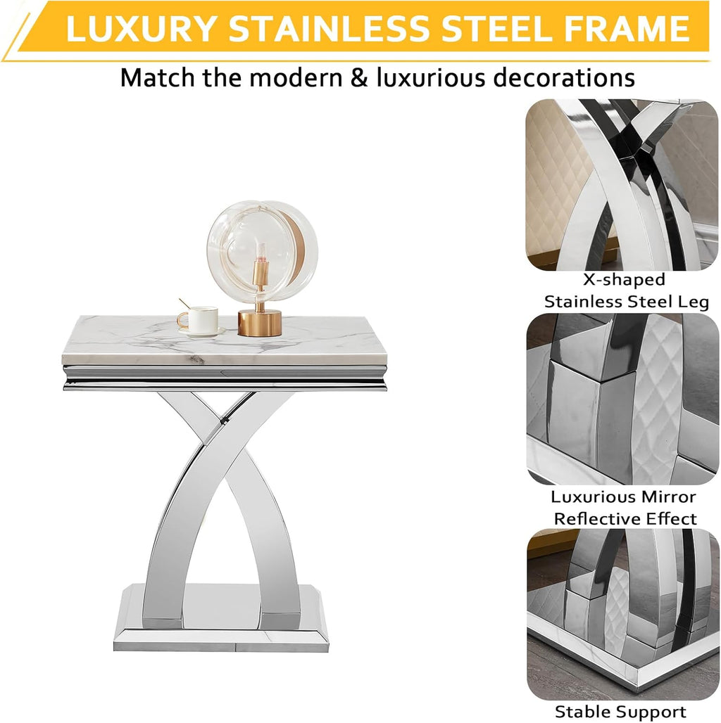 3 Pieces Coffee Table Set, Faux Marble Living Room Table Set of 3, Modern Coffee Table and 2 End Tables with X-Shaped Stainless Steel Base for Living Room (White Silver)