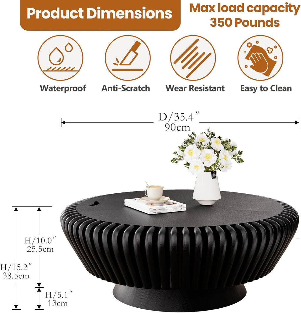 Modern Wood Fluted Round Coffee Table with Storage - Handcraft Drum Coffee Tables with Sturdy Base, Accent Center Table Small Circle Coffee Table for Living Room,Office, Apartment (Black 35.4')