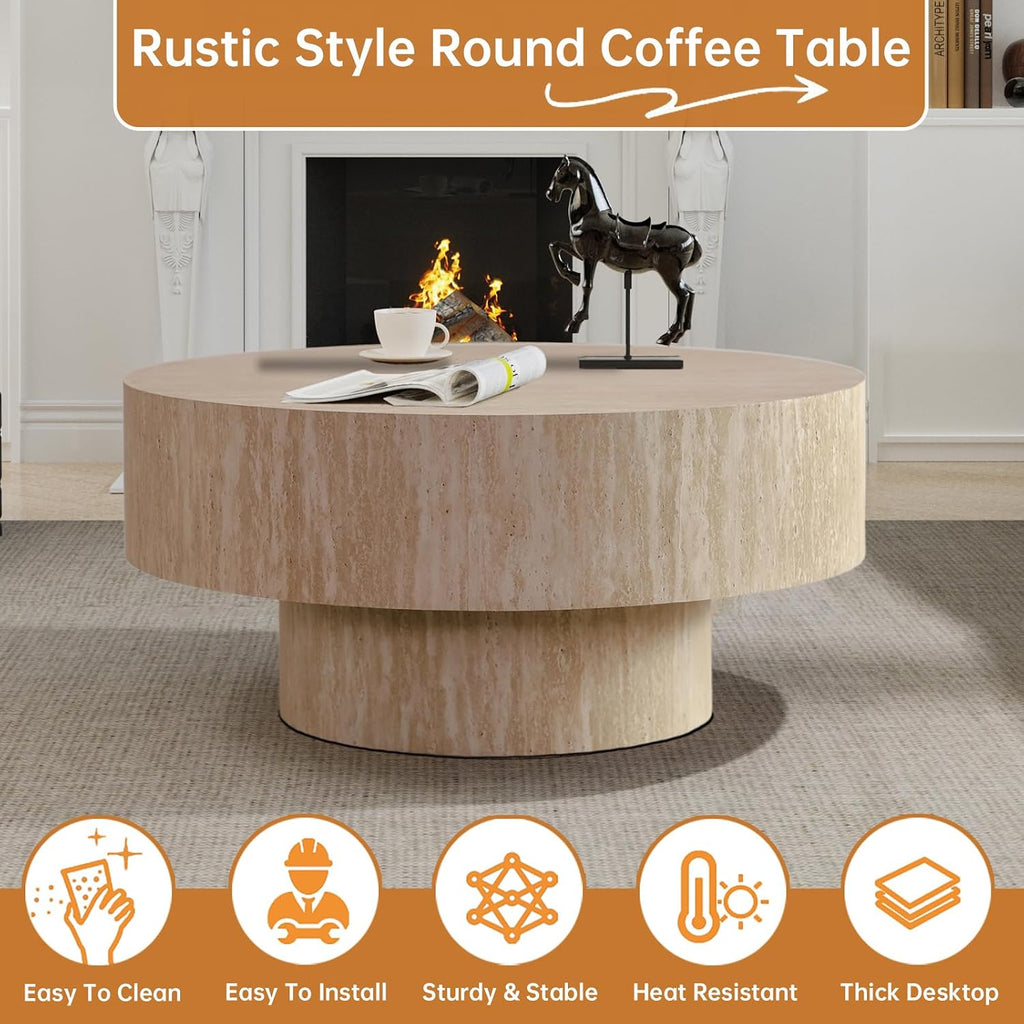 Round Travertine Coffee Table, with Large Tabletop & Base, Mid Century Rustic Circle Wood Center Table for Living Room Farmhouse Apartment, Easy Assembly (A)