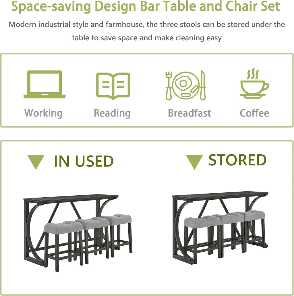 Merax 59 Inch Industrial Bar Table Set with Power Outlet, 3 Linen Upholstered Stools, Counter Height Table Set with 24 Inch Seat Height Stools for Kitchen, Living Room,Black+Light Gray