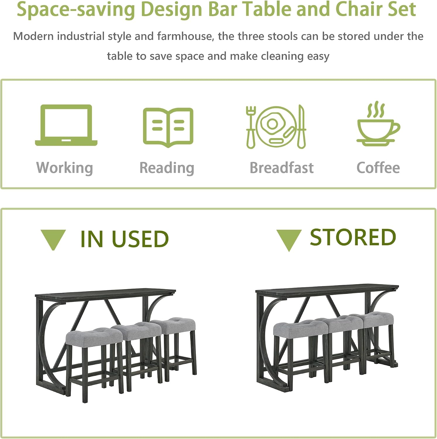 Merax 59 Inch Industrial Bar Table Set with Power Outlet, 3 Linen Upholstered Stools, Counter Height Table Set with 24 Inch Seat Height Stools for Kitchen, Living Room,Black+Light Gray