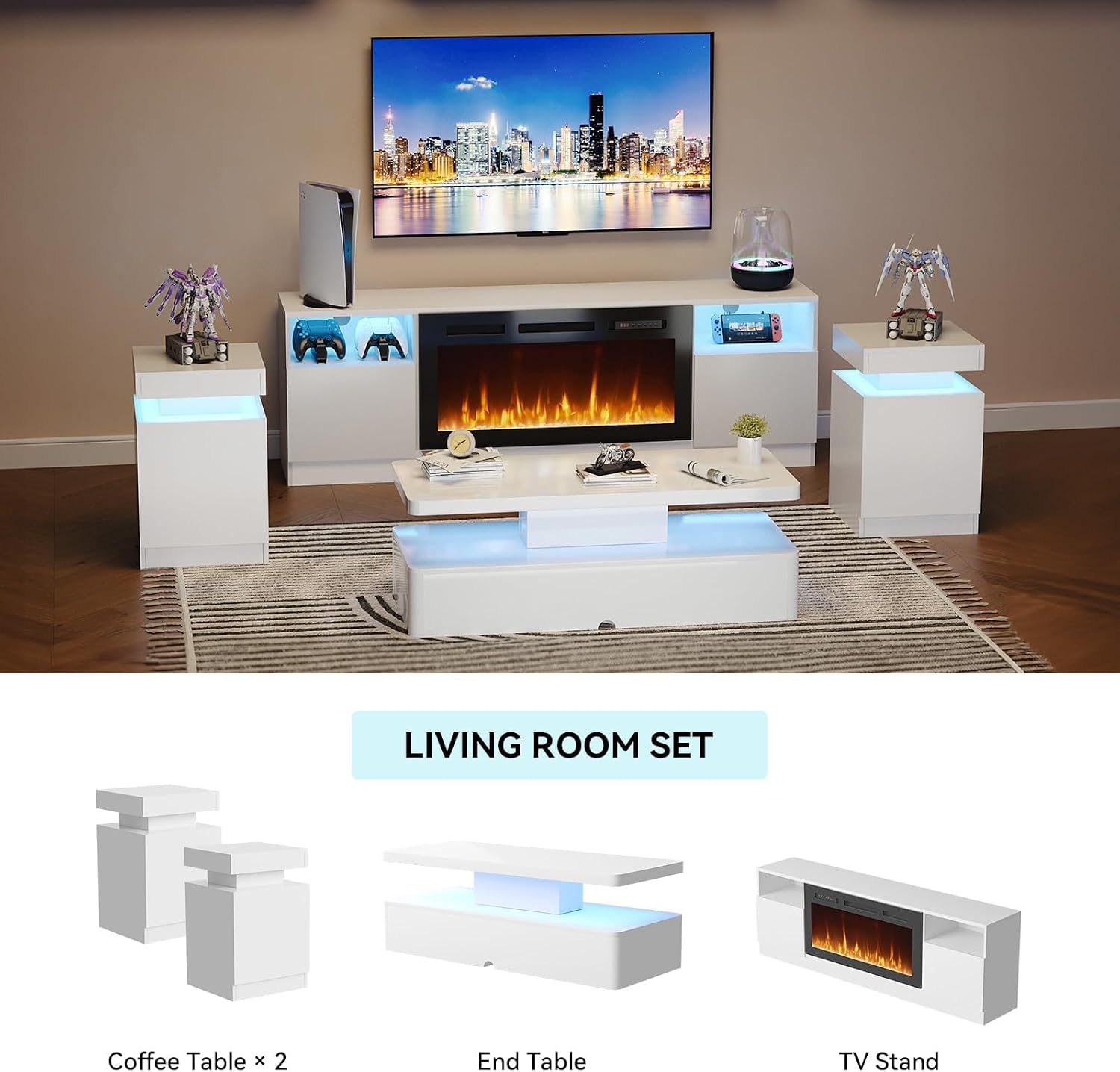 MXV 4-Piece Living Room Table Set Includes A 70'' Modern Fireplace TV Stand with 36'' Electric Fireplace, A 40'' Coffee Table and 2 Side Tables with Storage Space for Living Room, Bedroom, White
