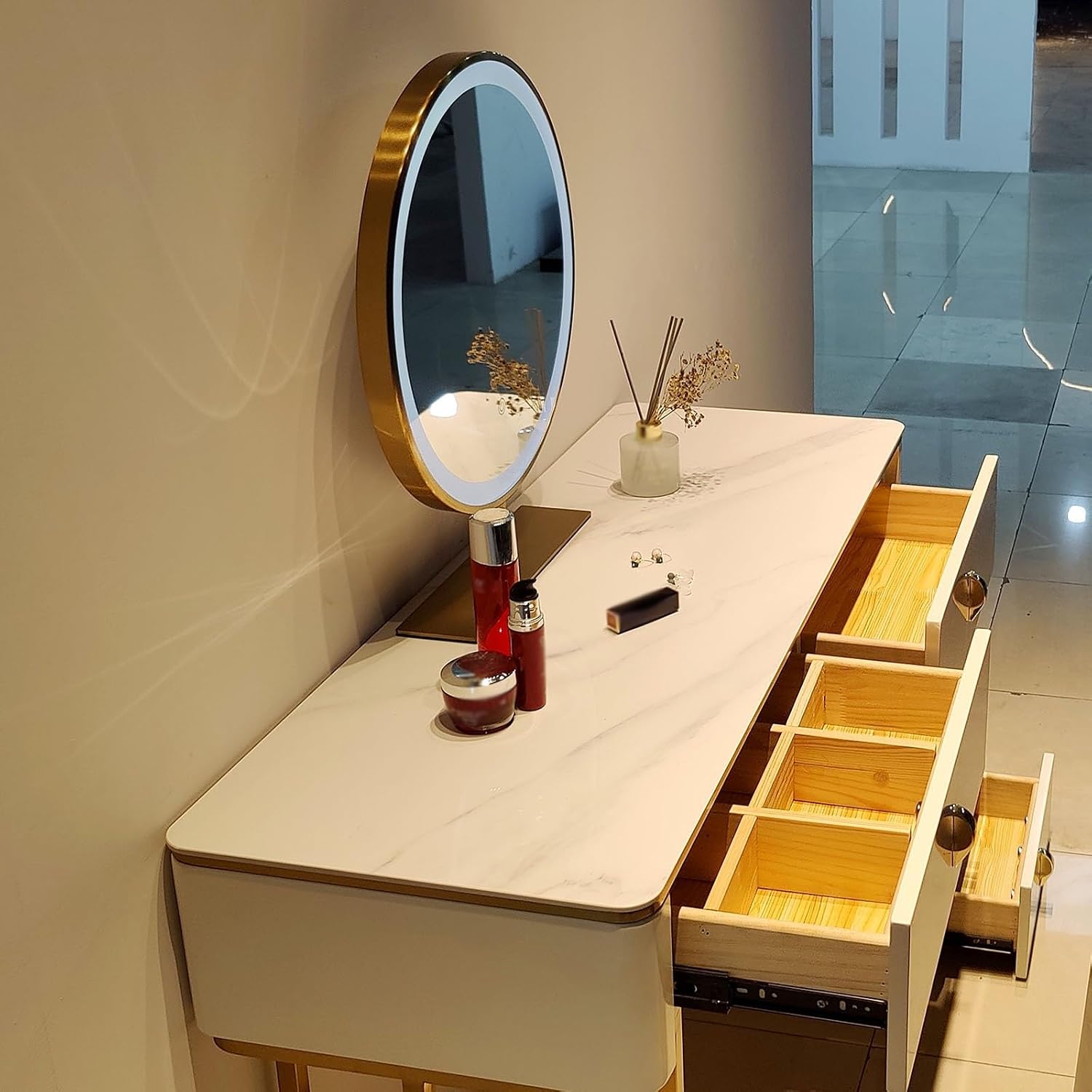 Freestanding Round Vanity Mirror with Led Lights, Bedroom Illuminated Tabletop Mirrors, 3 Color Lighting Stainless Steel Frame Cosmetic Mirror - Touch Switch (Color : Gold, Size : 50x50cm/20, Black