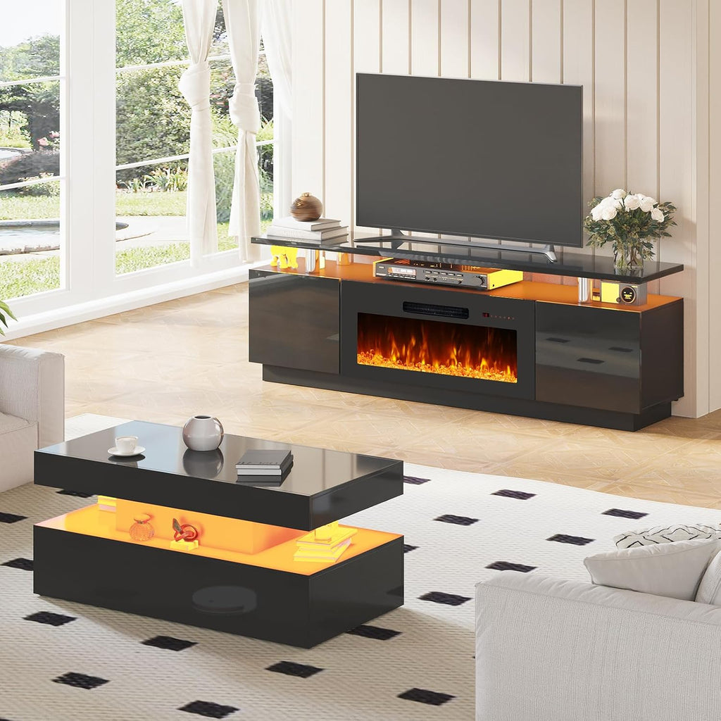 AMERLIFE 3 Piece Modern Living Room Table Set, Includes 70' High Gloss Fireplace TV Stand, 2-Tier Coffee Table, LED Lights Entertainment Center Set for Living Room, Black