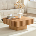 WILLIAMSPACE 35.43' Square Coffee Table with Sturdy Base, Modern Luxury Wood Drum Center Table Accent End Side Table for Living Room, Minimalist Fluted Design, Oak