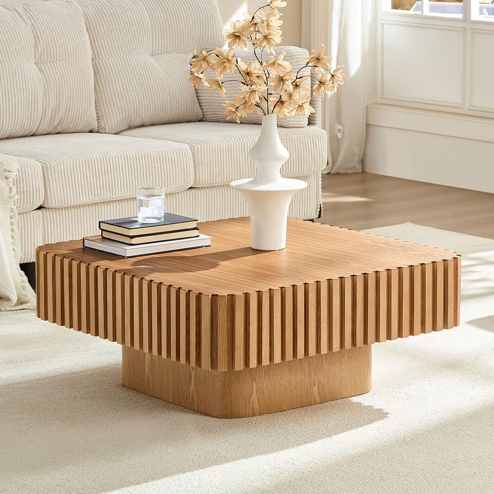 WILLIAMSPACE 35.43' Square Coffee Table with Sturdy Base, Modern Luxury Wood Drum Center Table Accent End Side Table for Living Room, Minimalist Fluted Design, Oak