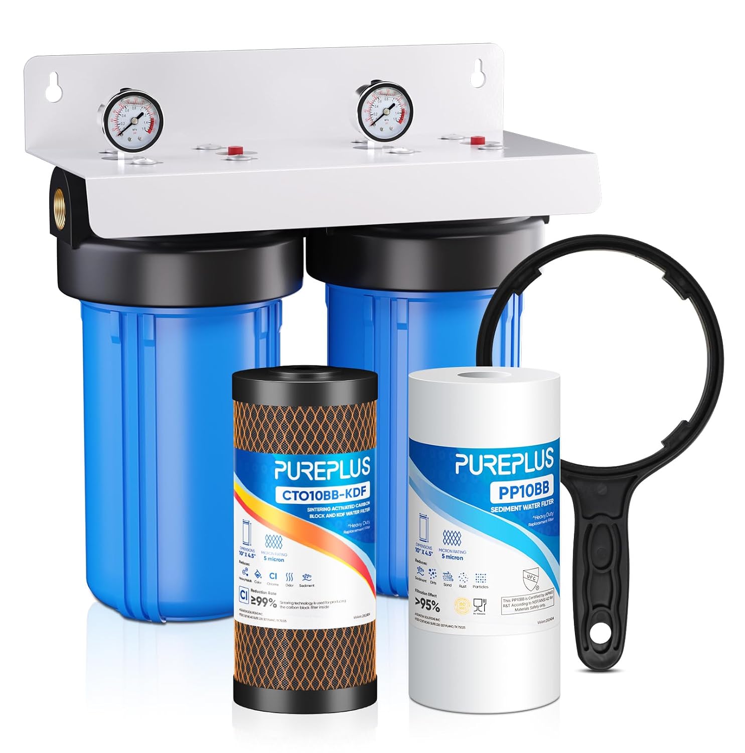 PUREPLUS 2-Stage Whole House Water Filtration System, Reduces Chlorine, Odor, Heavy Metals & Rust, with Pressure Gauges, 10' x 4.5' Housing, 1' Inlet/Outlet, PP Sediment & KDF Carbon Block Filters