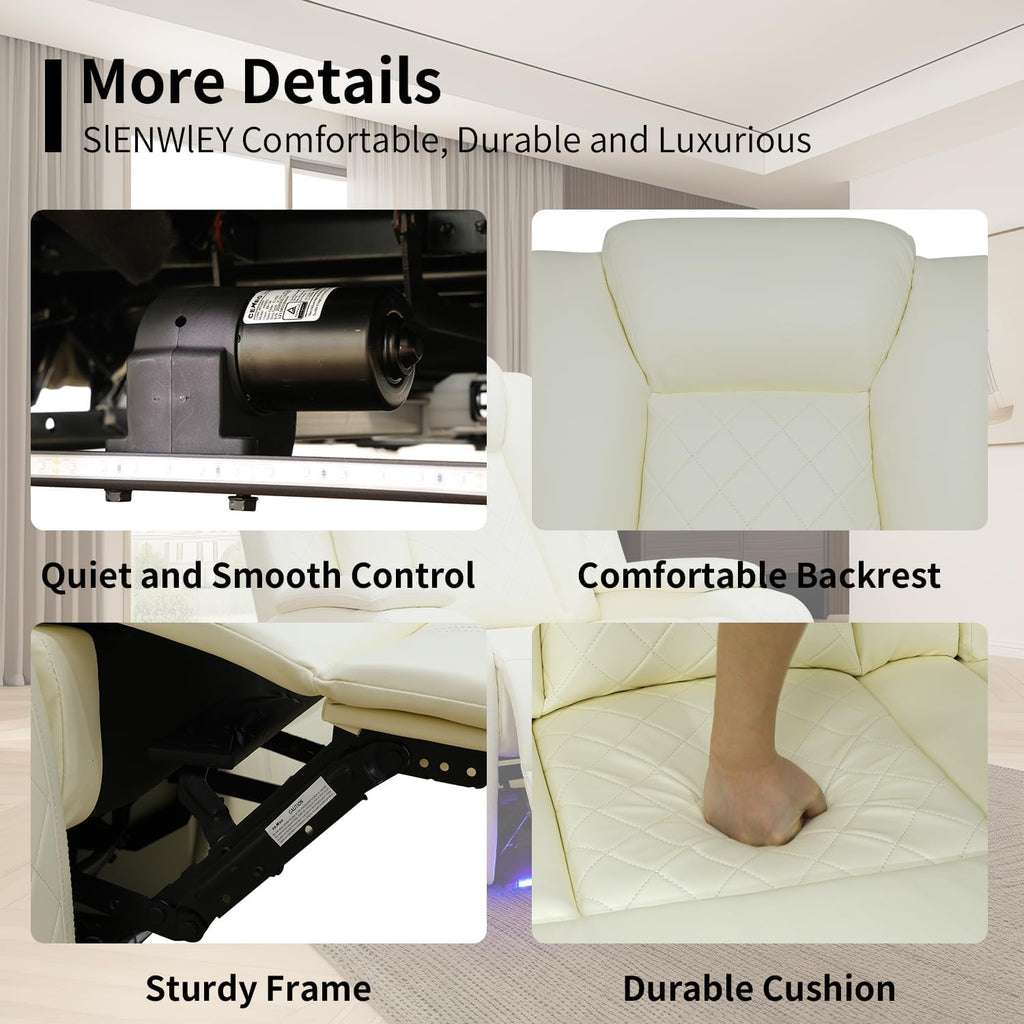 Leather Power Recliner Sectional Sofa Set with LED Light,L Shaped Leather Couch Set with Chair*2,Modular Corner Sofa with USB Ports for Living Room Furniture(White, Sectional+Chair*2)