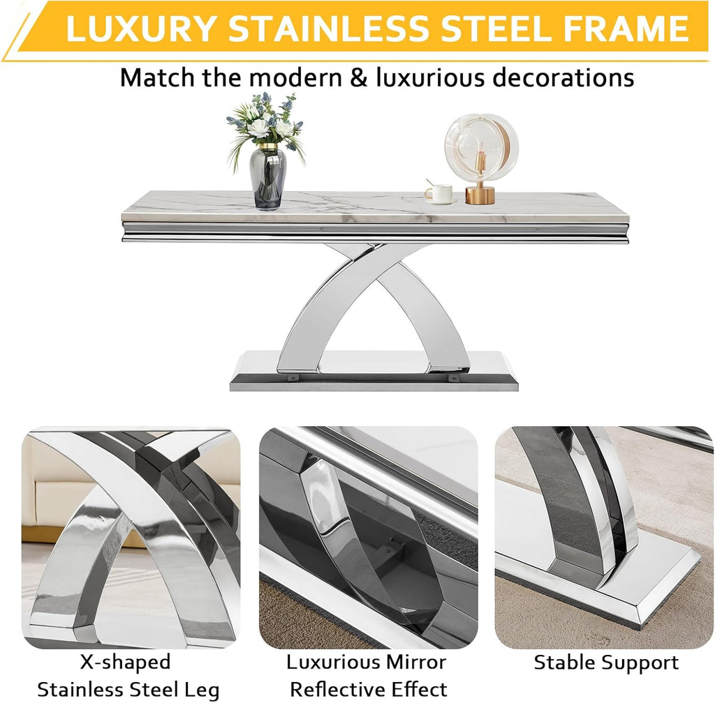3 Pieces Coffee Table Set, Faux Marble Living Room Table Set of 3, Modern Coffee Table and 2 End Tables with X-Shaped Stainless Steel Base for Living Room (White Silver)