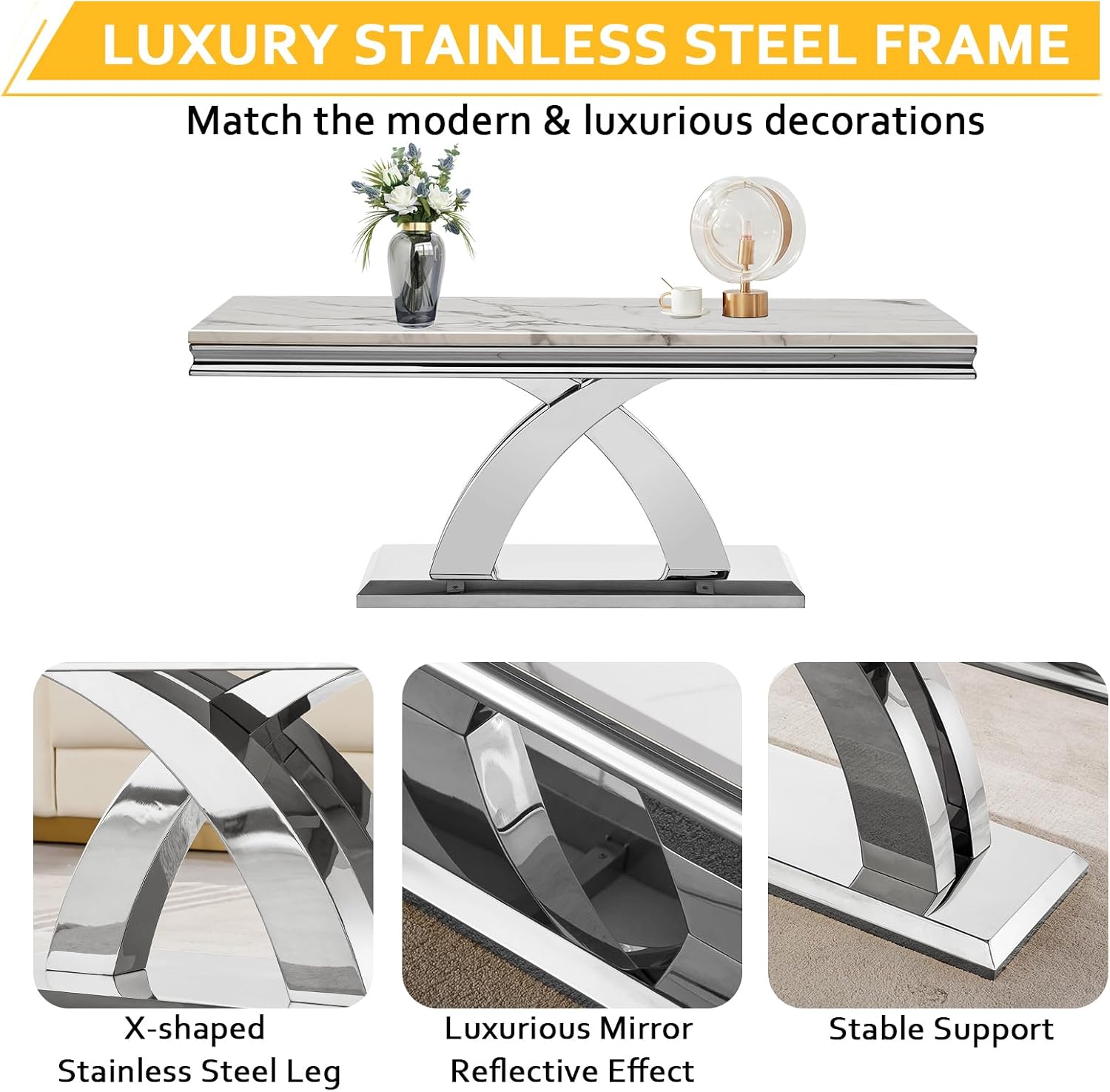 3 Pieces Coffee Table Set, Faux Marble Living Room Table Set of 3, Modern Coffee Table and 2 End Tables with X-Shaped Stainless Steel Base for Living Room (White Silver)