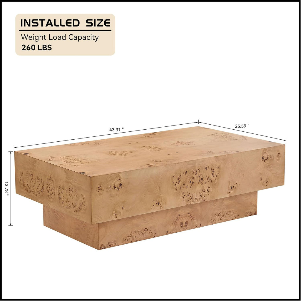 WILLIAMSPACE 43.31' Rectangle Coffee Table with Burl Wood Veneer & Sturdy Base, Modern Luxury Wood Drum Center Table End Table Accent Side Table for Living Room, Minimalist Fluted Design, Oak