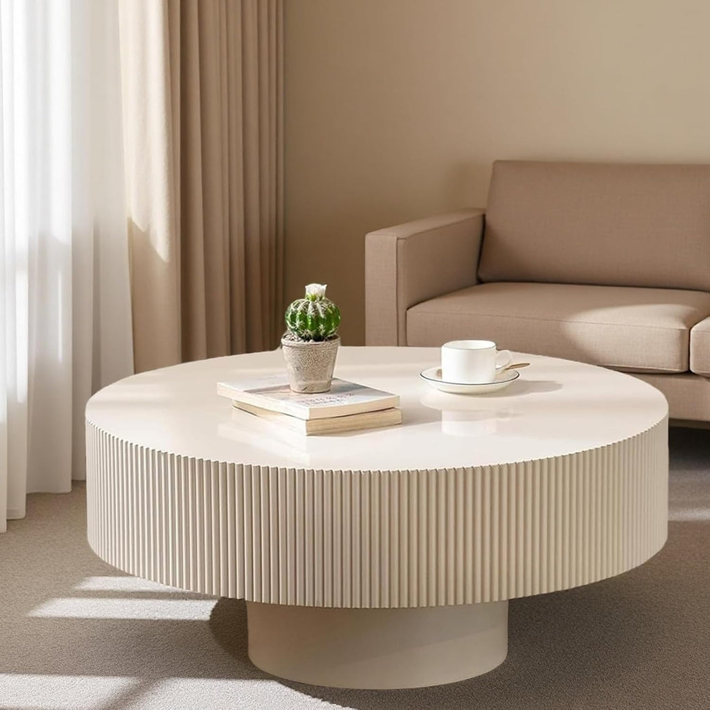 Round Drum Coffee Table White Fluted Coffee Table Circle Center Table Pedestal End Table for Apartment (Cream White)