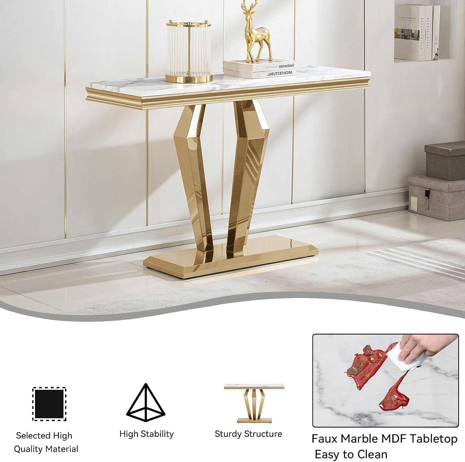 3 Pieces Living Room Table Set, Faux Marble Coffee Table Set of 3, Modern Coffee Table, Console Table and End Table with Diamond-Shaped Stainless Steel Base for Living Room (White Gold)