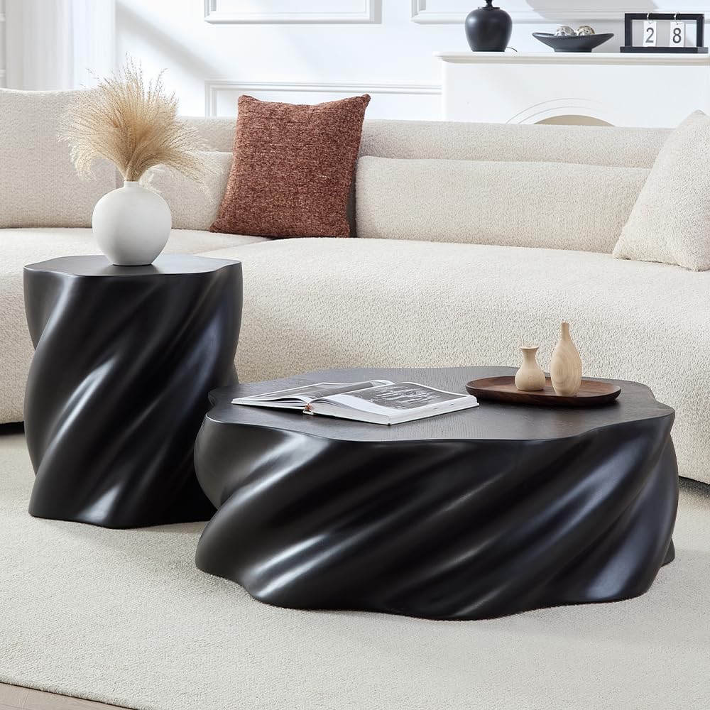 WILLIAMSPACE 35.43' Coffee Table with Flower Shaped, Modern Drum Center Table Fiberglass Faux Stone Tea Table for Living Room Apartment, No Assembly (Black)