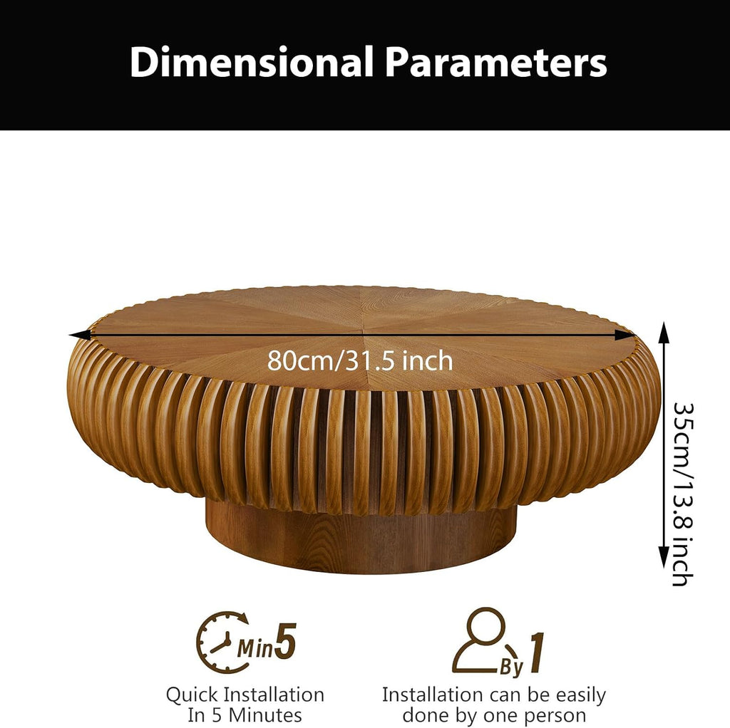 Modern Wood Round Fluted Coffee Table, Unique Brown Circular Drum Coffee Tables Mid Century Modern Handcrafted Circle Fluted Center Table for Small Space Living Room Reception Room, Apartment