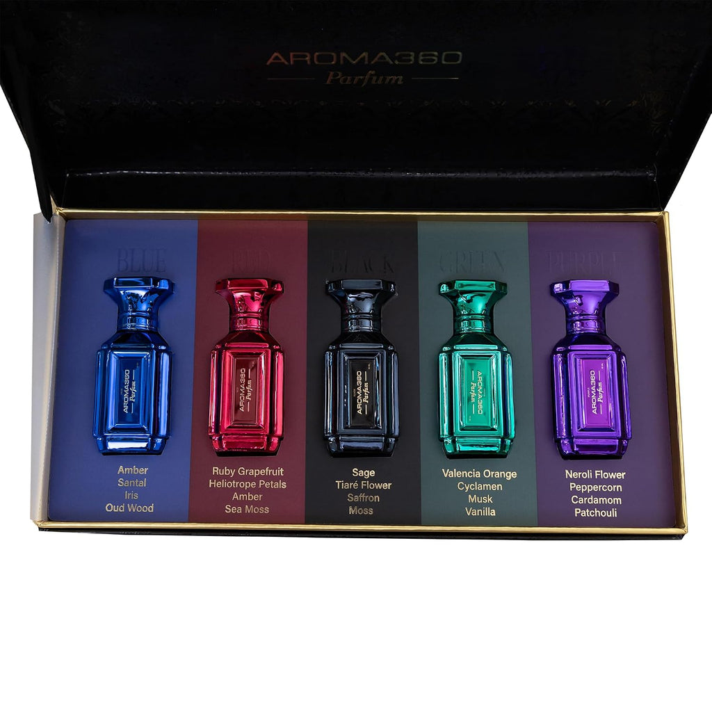 Aroma360 | Parfum Discovery Set | Set of 5 x10mL perfumes | Blue, Red, Green, Black & Purple | Unisex Perfume Set