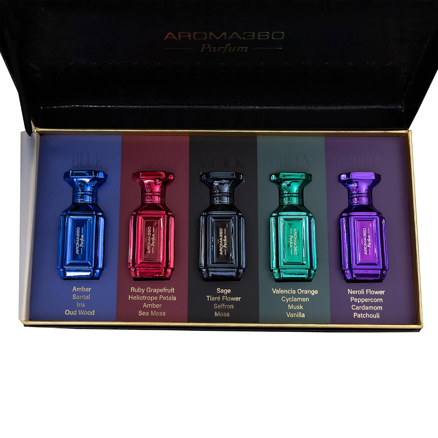 Aroma360 | Parfum Discovery Set | Set of 5 x10mL perfumes | Blue, Red, Green, Black & Purple | Unisex Perfume Set