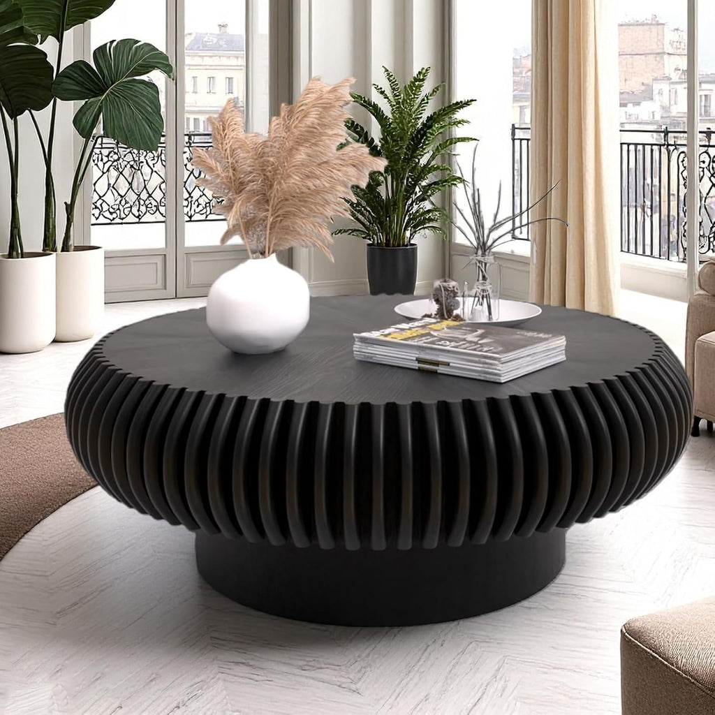 Round Drum Coffee Table Modern Coffee Tables Fluted Coffee Table Circle Center Table Pedestal End Table for Living Room Bedroom (Black 31.5in)